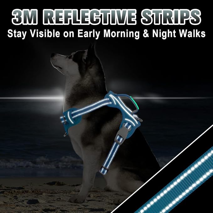 BARKBAY No Pull Dog Harness Large Reflective Dog Harness with Front Clip and Easy Control Handle for Walking Training Running with ID tag Pocket(Blue,M)