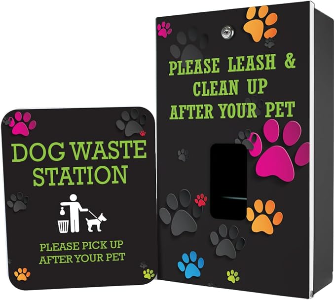 ZERO WASTE USA - Aluminum Dog Waste Station - Colorful Paws | Matte Black | DISPENSE-ART™ UV printed aluminum station with MittN™ mitten bags, 25% more dispenser storage, commercial outdoor design