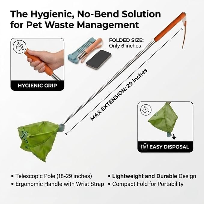 Telescopic Pet Poop Catcher - Foldable & Lightweight for Easy Carry, Long Handle No-Bend Dog Poop Scooper Compatible with Disposable Trash Bags, Compact Extendable Waste Scoop for All Breeds and Sizes