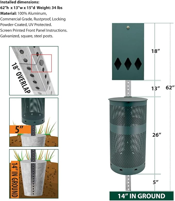 Zero Waste USA - Aluminum Low Profile Dog Waste Station, Matte Green | 5' low-profile aluminum station with 400 roll bags, 25 liners, rust-proof construction, blends into parks and landscapes