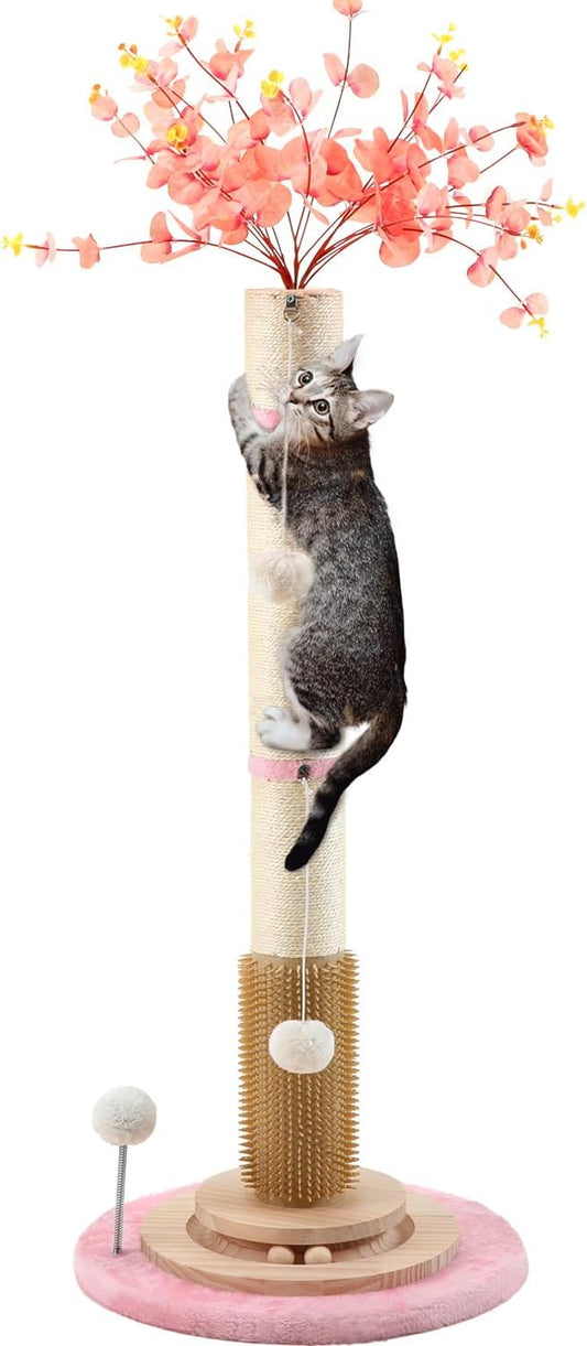 45'' Tall Cat Scratching Post Tree,Heavy Duty for Indoor Large 3.5Inch Diameter Natural Sisal Rope Post,Stable Real Wood Base,Artificial Plant Design Scratcher with Interactive Ball Toy for Home Decor