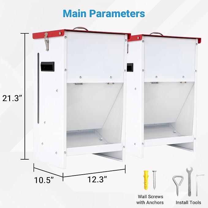 Automatic Dog Feeder, 2 PCS 25LBS Capacity Auto Gravity Dispenser | Powder Coated Dog Feeder, Waterproof for Indoor & Outdoor Use, 12.3"L x 10.5"W x 21.3"H, Red and White
