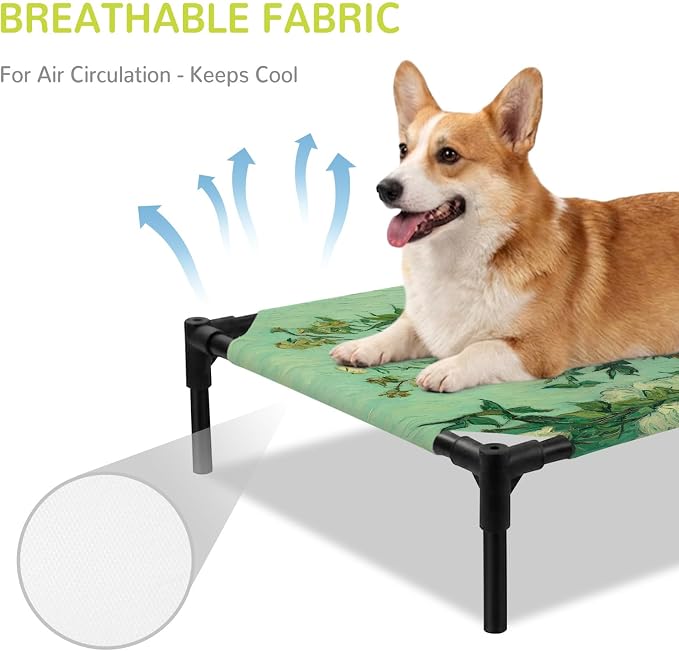 Outdoor Elevated Dog Bed for Medium Dogs, Botanical Flowers Breathable Cooling Raised Dog Cot for Indoor/Outdoor, Farmhouse Blossom Vase Floral Branches Waterproof Elevated Pet Beds, M 24 x 20 in