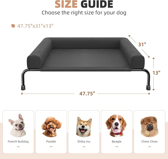 Ekisemio Elevated Dog Bed for Large Dogs, Cooling Raised Pet Cot with Breathable Mesh and Bolsters, Removable & Waterproof Outdoor Indoor Dog Bed, 47.75" x 31", Black