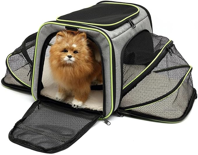 Expandable Cat Carrier Pet Carrier with 2 Extensions,Airline Approved Soft-Sided Portable Dog Travel Washable Carrier for Kittens,Puppies,Removable Soft Plush Mat (Grey Green, Small)