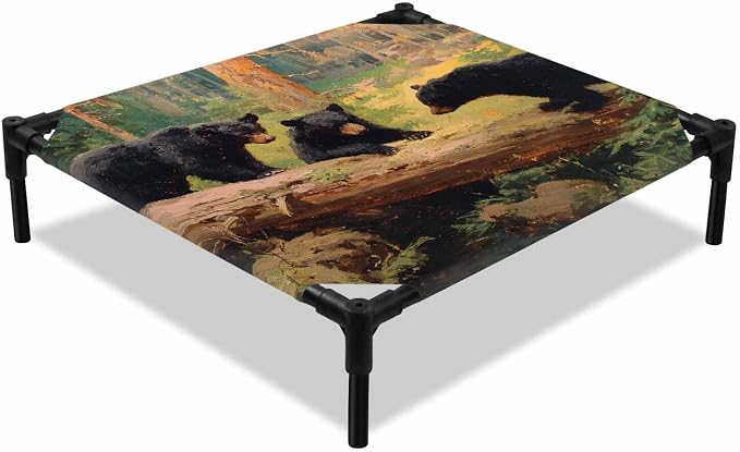 Outdoor Elevated Dog Bed for Small Dogs, Forest Bears Breathable Cooling Raised Dog Cot for Indoor/Outdoor, Nature Country Wild Animals Trees Branch Waterproof Elevated Pet Beds, S 20 x 20 in
