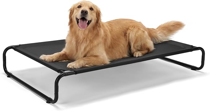 Veehoo Cooling Elevated Dog Bed, Outdoor Raised Dog Bed for Large Dogs | Dog Cot with Thickened Frame, Durable Teslin Mesh & Anti-Slip Rubber Feet, Pet Hammock for Indoor or Camping, 49", Black