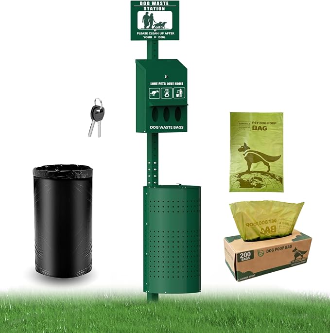 Dog Waste Station 11.5 Gallon, Outdoor Pet Waste Station with Bags, Lockable Dispenser, Keys & Can Liners– Heavy Duty Dog Poop Station for Parks, Backyard, Commercial Use