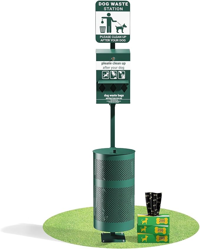 Flash Furniture Pet Waste Station with Glow in The Dark Sign, Green | Bag Dispenser, Hand Sanitizer Bottle, Trash Can with Lid, Includes 600 Roll Bags & 50 Can Liners, Commercial Use