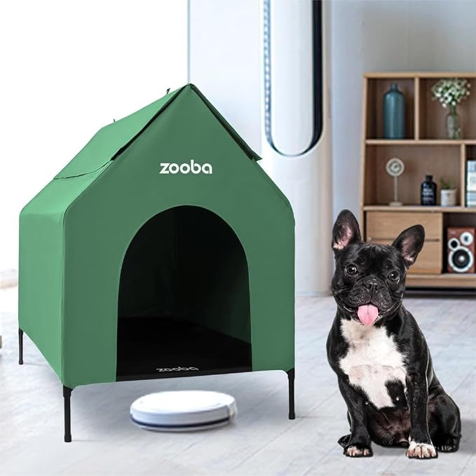 Zooba 29in Medium Dog House Outdoor, Elevated Dog Bed with Canopy, Green | Weather-resistant 600D PVC canopy, breathable 2x1 Textilene elevated bed, steel frame; indoor or outdoor; easy to clean