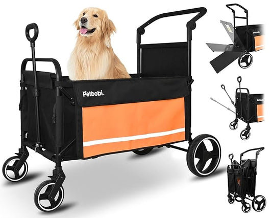 Petbobi Dog Wagon for Large Dogs, Push & Pull Foldable Pet Cart with Ramp | Fits Medium & Heavy Breeds Up to 80 lbs, 360° Swivel Stroller Wheels, Adjustable Handle, Foot Brake, Safety Leashes, Orange