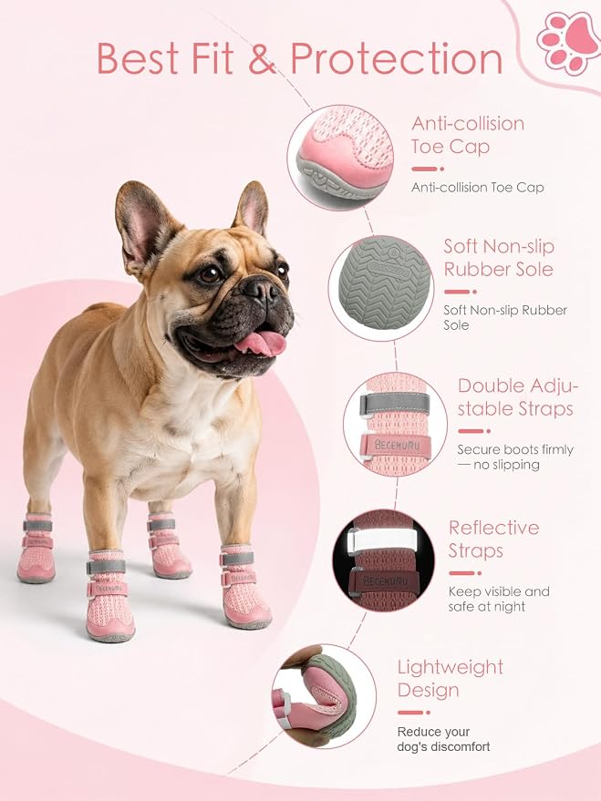 BECEMURU Dog Shoes for Summer, Double-Straps Anti-Slip Dog Boots & Paw Protectors for Hot Pavement, Breathable & Light Weight Outdoor Walking Hiking Pink Size 2