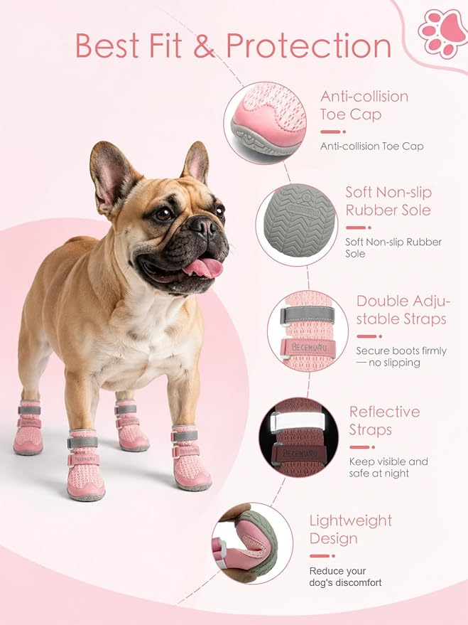 BECEMURU Dog Shoes for Summer, Double-Straps Anti-Slip Dog Boots & Paw Protectors for Hot Pavement, Breathable & Light Weight Outdoor Walking Hiking Pink Size 8