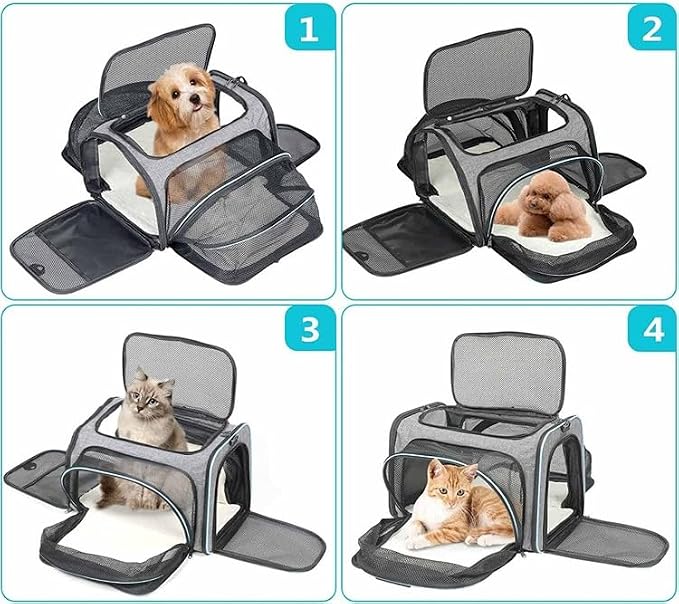 Expandable Cat Carrier Pet Carrier with 2 Extensions,Airline Approved Soft-Sided Portable Dog Travel Washable Carrier for Kittens,Puppies,Removable Soft Plush Mat (Grey Green, Medium)