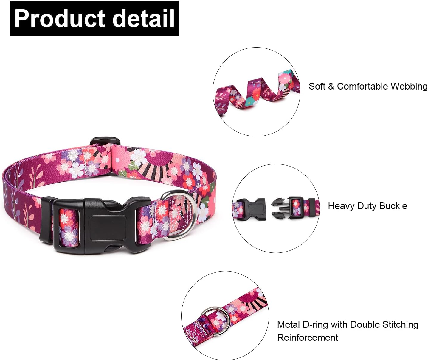 Mercano Adjustable Dog Collar - Special Design Patterns, Soft Nylon Comfortable Durable Pet Collar for Small Medium Large Dogs (M, Colorful Flower)