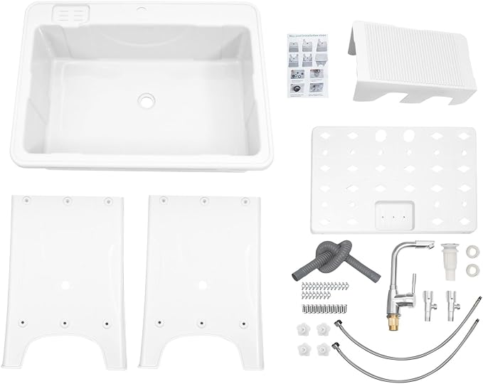 Plastic Utility Sink with 360° Swivel Hot and Cold Faucet White | 154 lbs Load Capacity, Equipped with Hose Hook Up, Includes Washboard, Bottom Storage Board, Suitable for Garages and Gardens