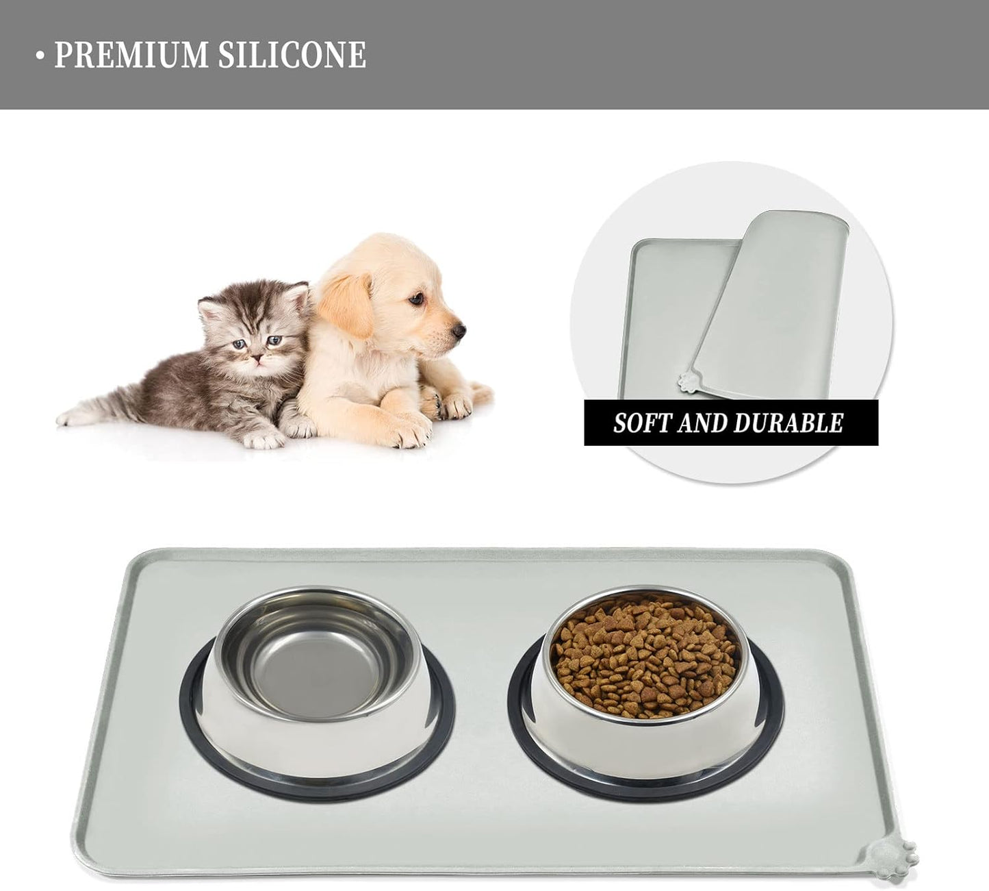 Waterproof Pet Feeding Mat with High Raised Edges, Heavier and Thicker Placemats for Cat Dog Water Bowl with BPA Free, Dogs Cats Food Mats for Messy Drinkers to Prevent Spill and Protect Floors