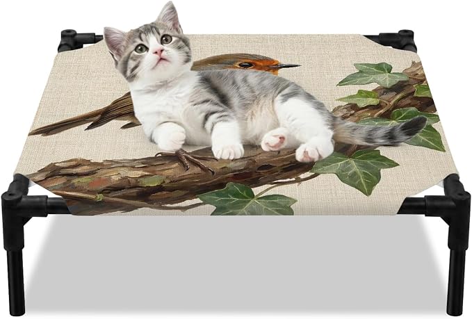 Outdoor Elevated Dog Bed for Small Dogs, Bird Breathable Cooling Raised Dog Cot for Indoor/Outdoor, Ivy Branch Animal Green Botanical Leaf Rustic Waterproof Elevated Pet Beds, S 20 x 20 in