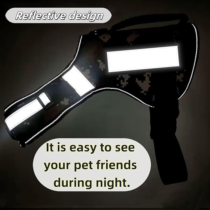Reflective Tactical Dog Harness for Large Dogs, No Pull Heavy Duty Dog Vest Harness with Handle, Adjustable Removable Service Harnesses for Dogs, Camouflage, XL