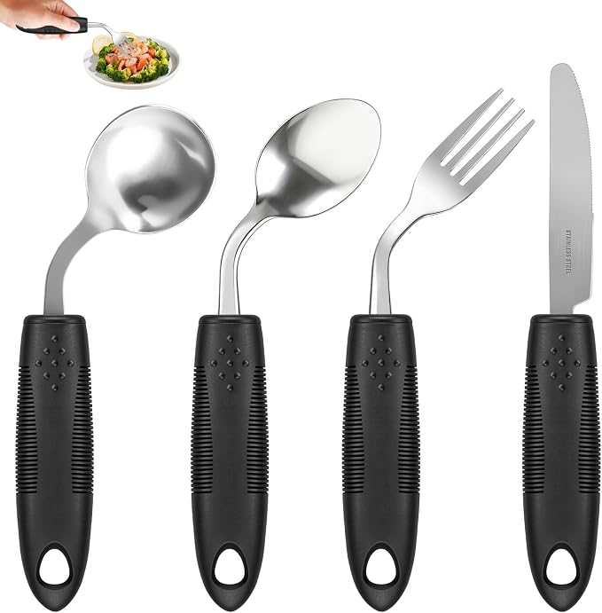 45°Angled Adaptive Utensils for Elderly, 2.9 oz Weighted Silverware for Hand Tremors, 4 Pack Built Up Utensils for Adults,Weak Hand Grip & Arthritis (Left-Handed)