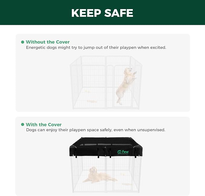 FXW Homeplus Indoor Dog Playpen with Mesh Top Cover, 40" H, 8 Panels | Calm Indoor Play Area, Cover Helps Deter Jump-Outs, for Medium & Large Dogs, Patented