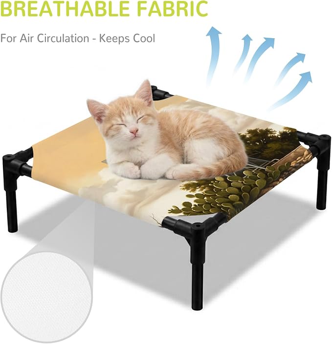 Outdoor Elevated Dog Bed for Small Dogs, Windmill Breathable Cooling Raised Dog Cot for Indoor/Outdoor, Sunset Horizon Farmhouse Trees Waterproof Elevated Pet Beds, S 20 x 20 in