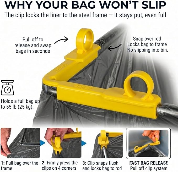 Trash Bag Holder 13x13 – Metal Garbage Bag Frame with Clips – Holds 13, 30 & 33 Gallon Liners Inside 32-96 Gallon Cans – Foldable Bag Stand & Opener for Kitchen, Camping, & RV