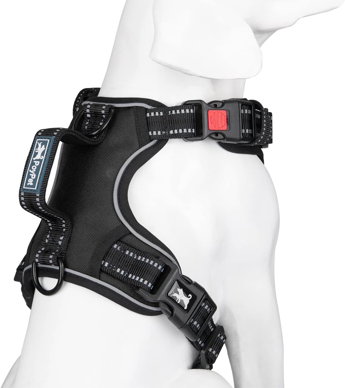 PoyPet No Pull Dog Harness, No Choke Front Clip Reflective Dog Vest with Soft Padded Vertical Handle, 3 Leash Attachments for Small Medium Large Dogs (Black,M)