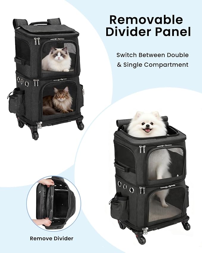 HOVONO Double-Compartment Cat Carrier Backpack with Wheels for Two Pets | Pet Rolling Carrier for Smalls Cat and Dogs, Perfect for Traveling / Walking/ Vet, Up to 12 lbs each, Black