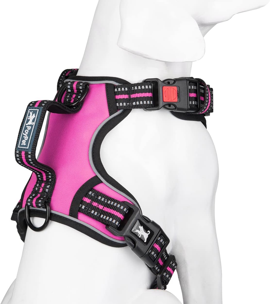 PoyPet No Pull Dog Harness, No Choke Front Clip Reflective Dog Vest with Soft Padded Vertical Handle, 3 Leash Attachments for Small Medium Large Dogs (Pink,M)