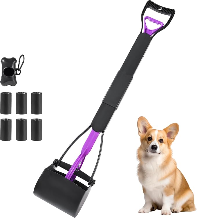 32in Dog Pooper Scooper with Bag Attachment, Foldable Long Handle | Thickened ABS dog scooper for large dogs. Features curved grip, jagged teeth, 120 bags, clip & extra 2x springs/buckles.
