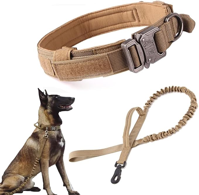 Tactical Dog Collar and Leash Set Adjustable Military Nylon Dog Collar with Control Handle and Heavy Duty Metal Buckle for Large Dogs（Brown XL | 1000D Heavy-Duty Nylon Fabric,Quick-Release Metal Buckle,Adjustable Fit,Soft-Padded Webbing,D-Ring,for Trai...