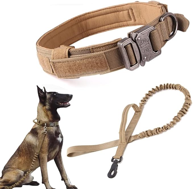 Tactical Dog Collar and Leash Set for Large Dogs with Control Handle，Brown | 1000D Heavy-Duty Nylon Fabric,Quick-Release Metal Buckle,Adjustable Fit,Soft-Padded Webbing,D-Ring,for Training & Hiking,M