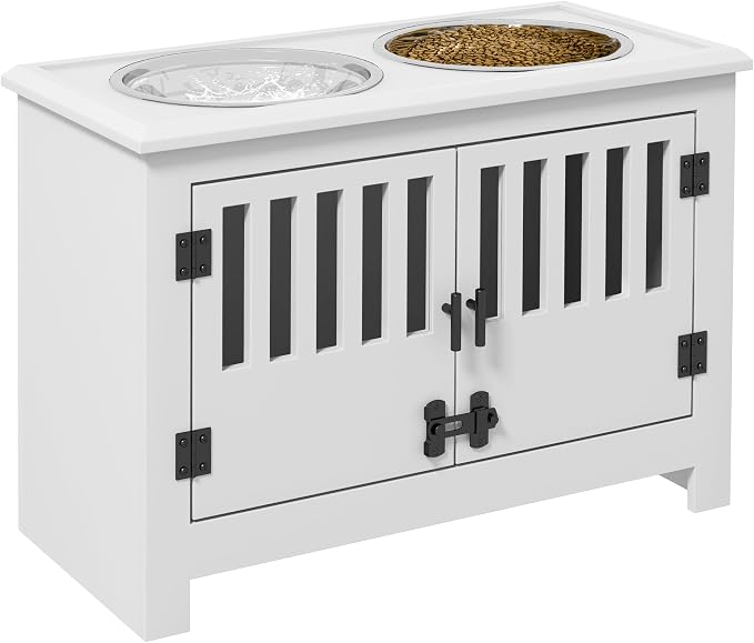 PawHut Large Elevated Dog Bowls with Storage Cabinet - 37L Capacity, Raised Dog Bowl Stand Feeding Station, White | Raised Dog Bowl Stand Pet Food Bowl Dog Feeding Station