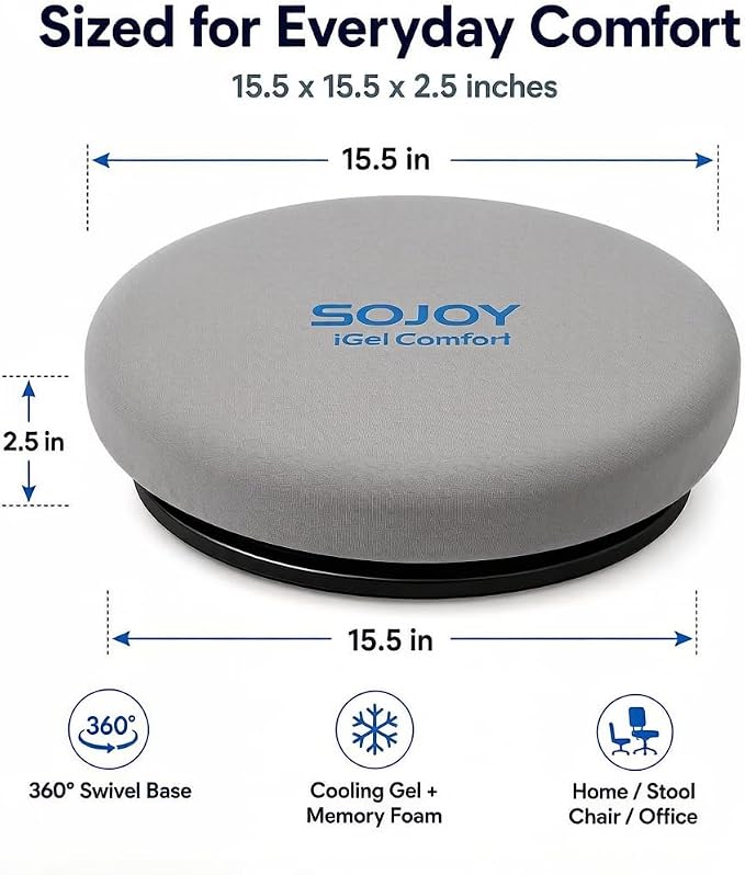 Sojoy iGelComfort Deluxe Gel Swivel Seat Cushion with Supportive Memory Foam 360 Degrees Rotating Seat Cushion for Home,Stool Chair,Office (Gray, 15.5 * 15.5 * 2.5)