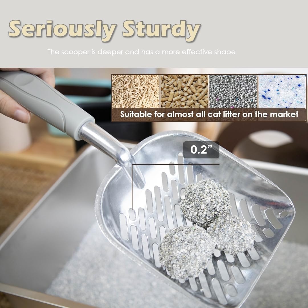 Metal Cat Litter Scoop with Holder, Aluminum Cats Litter Scooper Captures All Clumps, Heavy Duty Metal Kitty Scoopers with Holder, Cat Metal Scoop and Holder (Black)