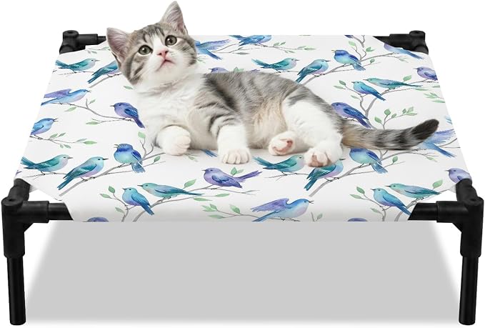Outdoor Elevated Dog Bed for Small Dogs, Cute Birds Ombre Blue Breathable Cooling Raised Dog Cot for Indoor/Outdoor, Spring Country Animals Branches Waterproof Elevated Pet Beds, S 20 x 20 in