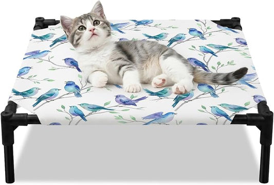 Outdoor Elevated Dog Bed for Small Dogs, Cute Birds Ombre Blue Breathable Cooling Raised Dog Cot for Indoor/Outdoor, Spring Country Animals Branches Waterproof Elevated Pet Beds, S 20 x 20 in