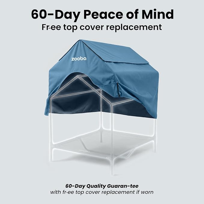 Zooba 36in Large Dog House Outdoor, Elevated Dog Bed with Canopy, Blue | Weather-resistant 600D PVC canopy, breathable 2x1 Textilene elevated bed, steel frame; indoor or outdoor; easy to clean
