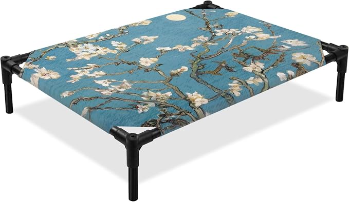 Outdoor Elevated Dog Bed for Medium Dogs, Flowers Branches Breathable Cooling Raised Dog Cot for Indoor/Outdoor, Farmhouse Turquoise Sky Moon Tree Waterproof Elevated Pet Beds, M 24 x 20 in