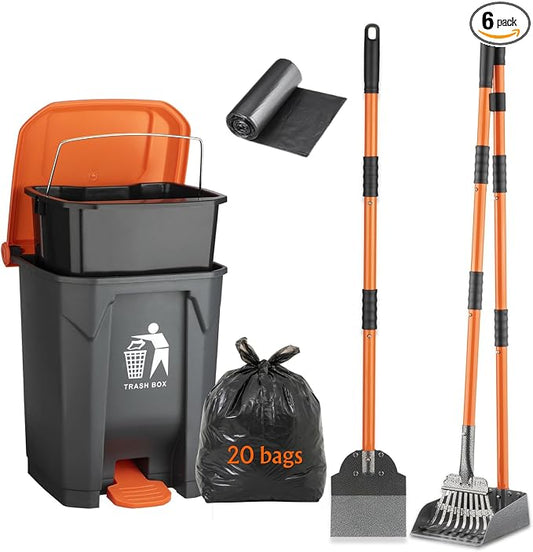 Pooper Scooper 6 Pack Set -INCL 15L Trash Can Outside, 20 Waste Bags, 38" Long Handle Dog Pooper Scooper Rake Tray Spade Set for Large Dog,OdorLock Step Can for no Touch Dog Poop for Grass/Gravel