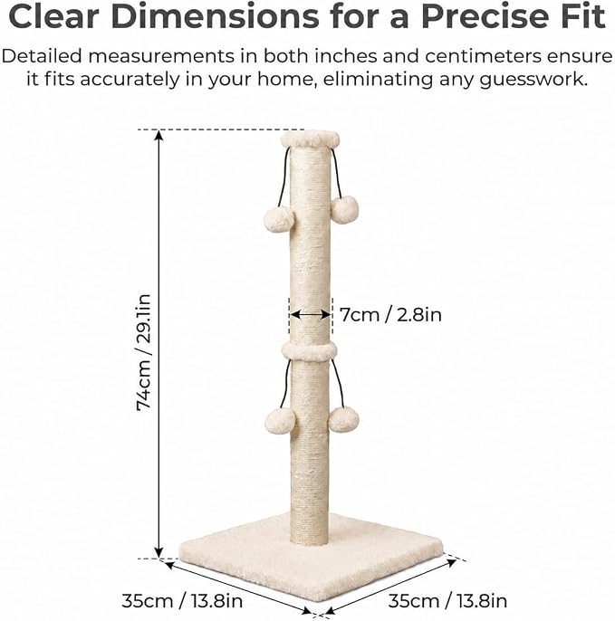 Dimaka 29'' Cat Scratching Post, Natural Sisal Rope Scratch Post with 4 Teasing Toy Balls for Large Cats (Beige)