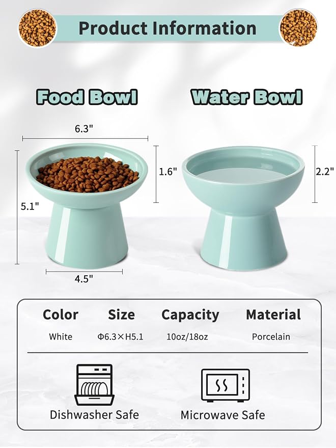 LoeJan Elevated Cat Food and Water Bowls Set, Extra Wide and Raised Ceramic Feeder, Anti-Vomit Whisker-Free Pressure Feeding Bowl for Kittens Adult Small Dogs (Blue)