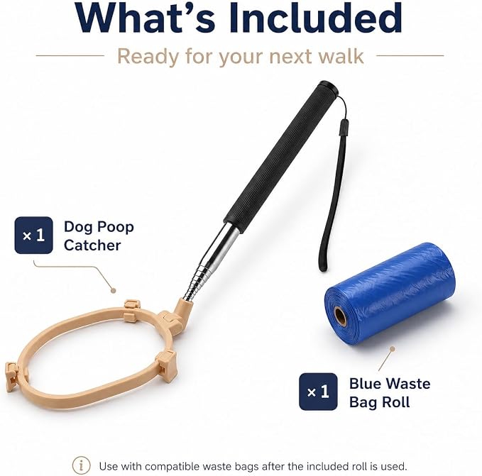 Pooper Scooper for Dogs, Hands-Free Pet Waste Pickup Tool, Foldable 8 Inch Design with 32 Inch Extendable Handle, Stainless Steel Rod, Includes 15 Bags for Yard, Walks and Travel