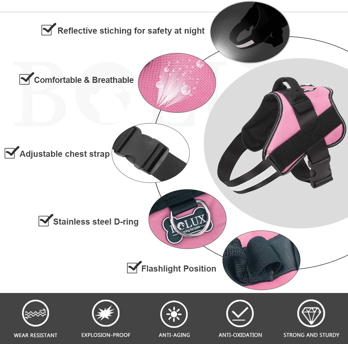 Bolux Dog Harness, No-Pull Reflective Dog Vest, Breathable Adjustable Pet Harness with Handle for Outdoor Walking - No More Pulling, Tugging or Choking (Pink, L)