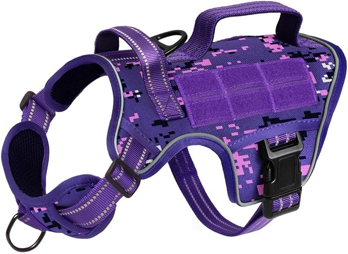 Dog Harness, Tactical No Pull for Small Sized Dog with Handle | Breathable Soft Padded, Adjustable, Reflective, Molle System, Heavy Duty, No Choke for Walking Training, Purple Camo Small