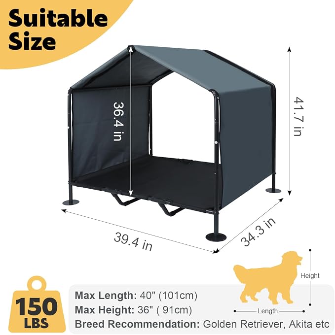 Large Dog House with Elevated Dog Bed, Waterproof Dog Shade with Back Cover | Portable Outdoor Dog Tent for Medium/Large Dogs, Sun & Rain Protection Canopy for Camping/Patio/Yard, Ground Stakes Included