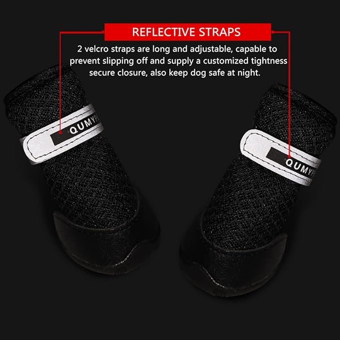 QUMY 4PCS Dog Shoes for Small Dogs, Hot Pavement Summer Puppy Dog Boots & Paw Protectors with Soft Anti-Slip Rubber Sole, Mesh Breathable Dog Booties for Hardfloors, Walking Running Black Size 1