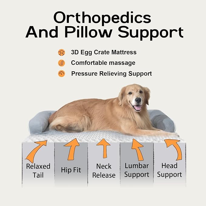 Orthopedic Waterproof Dog Bed with Bolster for Extra Large Size Dogs | Pillow Support for Neck Relief, Egg Crate Foam, Waterproof Liner, Anti-Slip Bottom, Removable Bolster Cover, 48 x 33 Inch