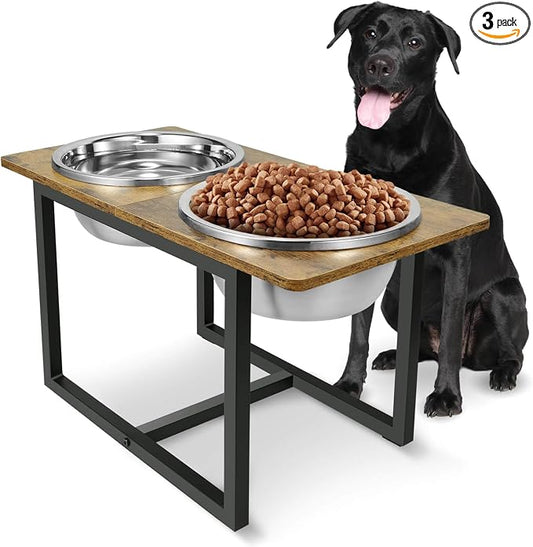 Elevated Dog Bowls for Large Dogs, Raised Dog Bowl Stand with Two X-Large Stainless Steel Bowls for Dogs, 3.5L Capacity, Rustic Brown